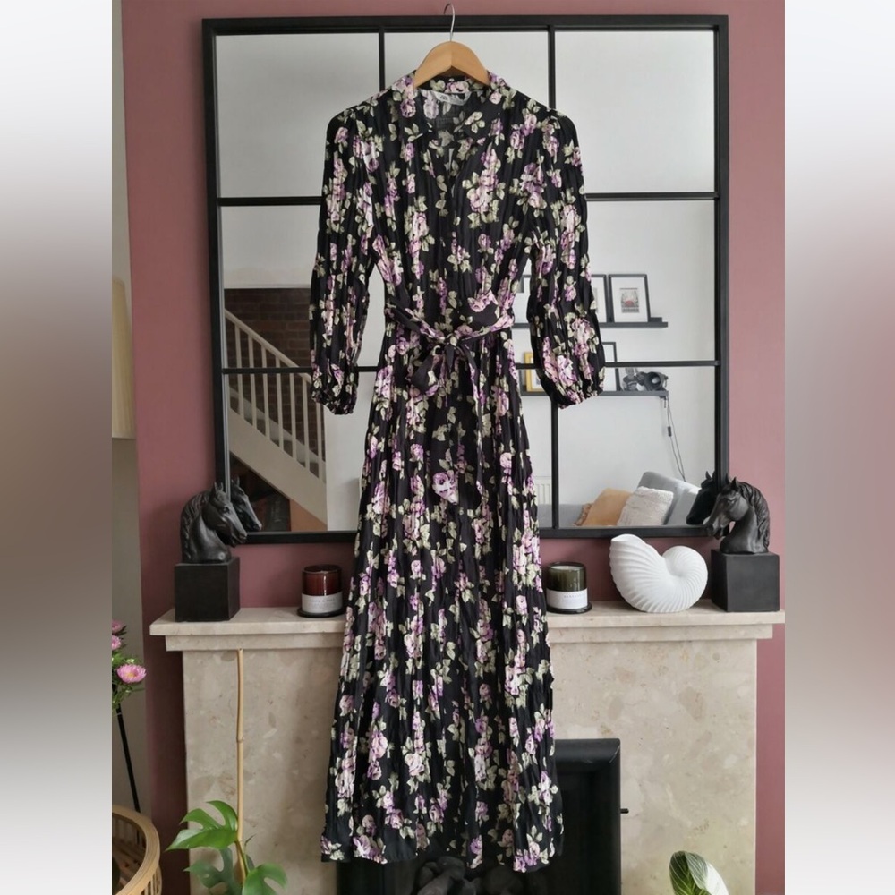 J8 ZARA BLACK FLORAL PRINT BUTTONED LONG‎ SHIRT DRESS WITH BELT